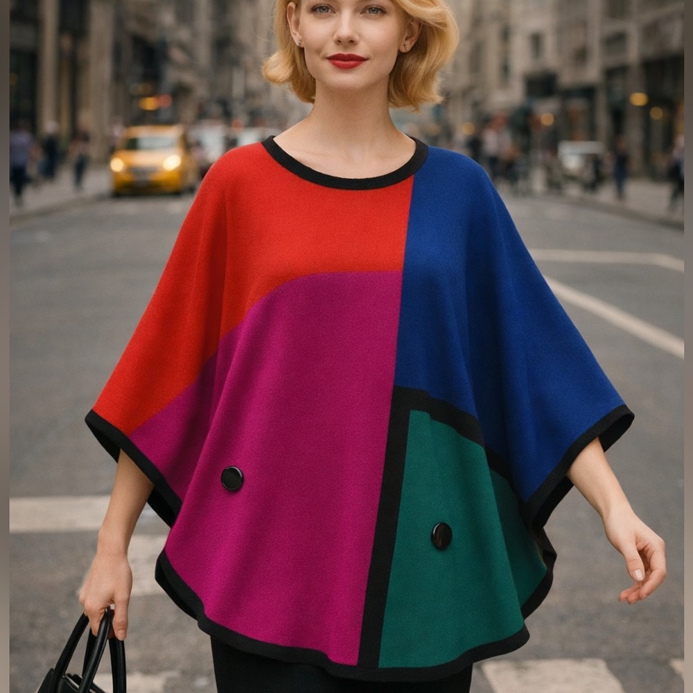 I.N. Studio Colorblock Poncho Top Medium Colorblock Oversize Lagenlook Statement